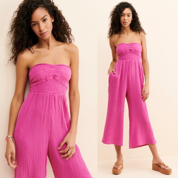 Anthropologie Pants - Anthropologie The Bethany Jumpsuit XS Pink Cotton Gauze‎ Wide Leg
